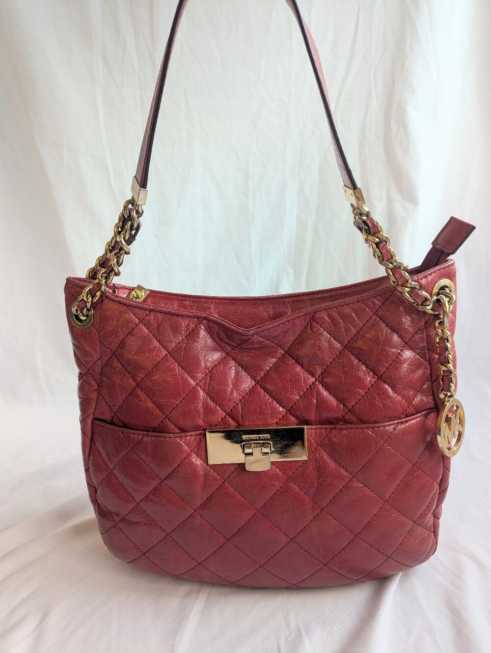 Michael Kors Susannah Red Quilted Leather Push Lock Chain Strap Shoulder Bag